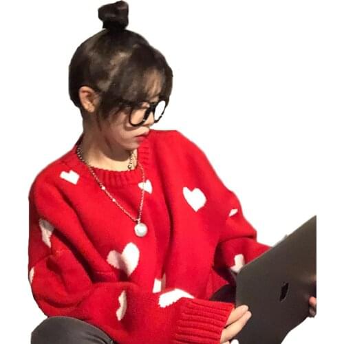 Red Pullover Sweater Women Autumn Winter Cute Love Heart Knitted Long Sleeve Top Korean Fashion Clothes Kawaii Sweaters JD1361