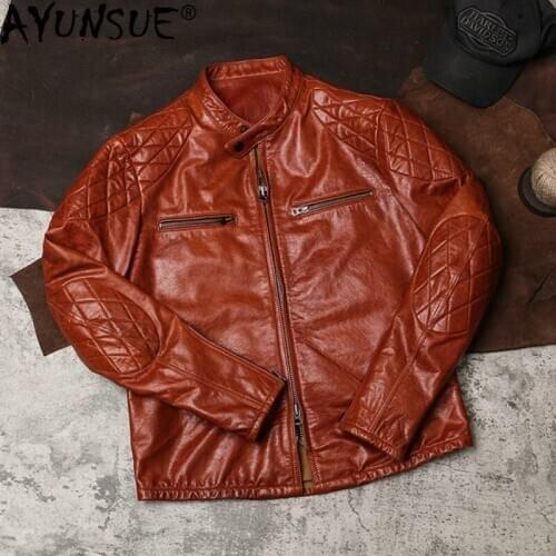 AYUNSUE Mens Genuine Leather Jacket Cowhide Spring Autumn Real Cow Leather Coat Motorcycle Mens Jackets Chaqueta Cuero Hombre