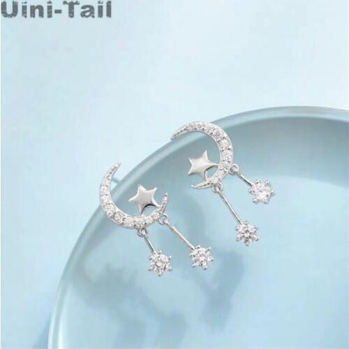 Uini-Tail hot new 925 sterling silver shiny star moon tassel micro inlay earrings simple temperament niche design high quality