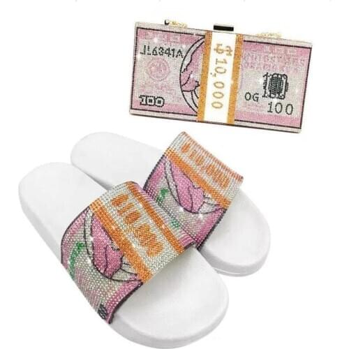 Fashion New Women Slippers Summer Beach Flip Flops Flat Sldies Crystal Money Usd Bags Dollar Design Luxury Diamond Evening Bags