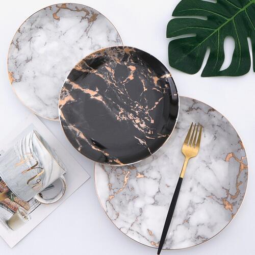 Nordic Style Marble Dinner Plates Ceramic Gold Inlay Dish Porcelain Home Dessert Plate Steak Salad Snack Cake Tray Tableware