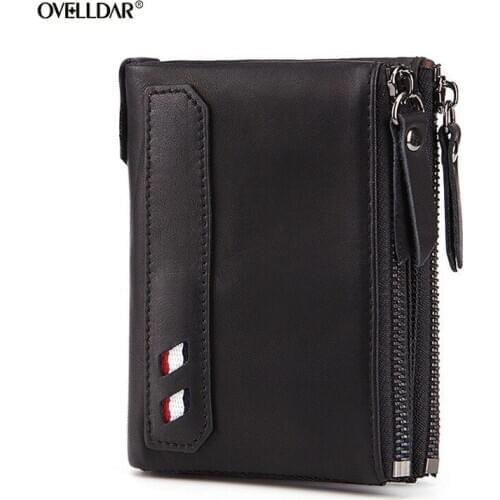 Mens Genuine Leather Wallet RFID Fashion Casual Short Mens Wallet Double Zipper Large Capacity Coin Purse Coin Pocket