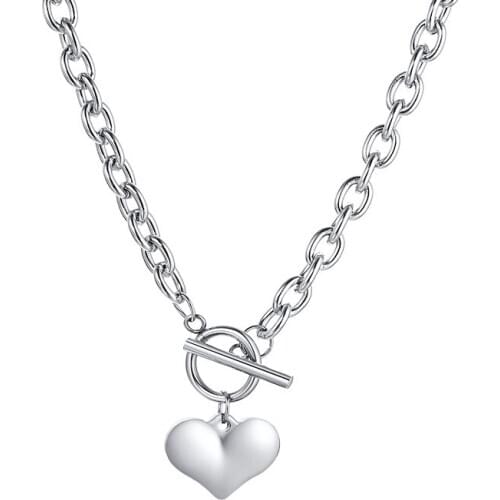 Charm Heart Necklace Stainless Steel Cable Chain Link with Toggle Clasp Women Love Pendant