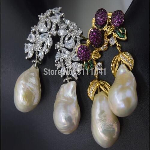 One pair white freshwater keshi pearl drop baroque 18-20mm hook earrings FPPJ