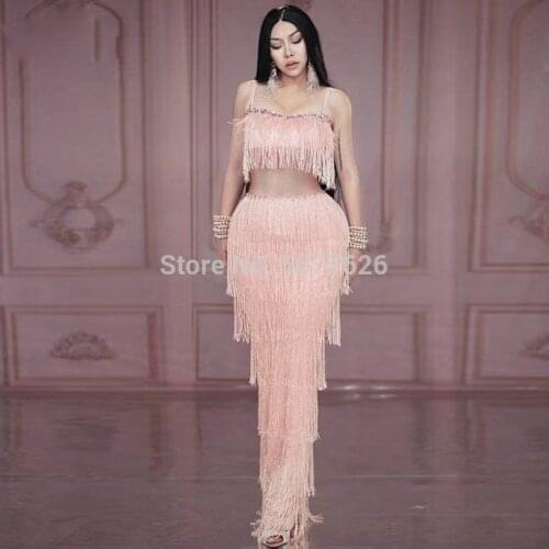 Pink long dress Fringe Rhinestone feather Birthday Celebrate Dresses Prom Outfit party club Women Dance Singer costume