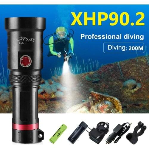 200M XHP90.2 Professional Diving Flashlight Torch USB Rechargeable Underwater Lamp Waterproof IPX8 Powerful Led Flashlight 18650