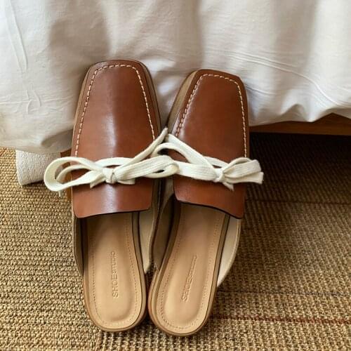 SKLFGXZY 2021 Fashion Blogger England Style Vintage Genuine Leather Shoes Mules Slippers Women Shoes Woman Shoes Women