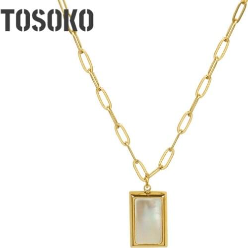 TOSOKO Stainless Steel Jewelry White Seashell Square Pendant Necklace Elegant Clavicle Chain For Women BSP1069