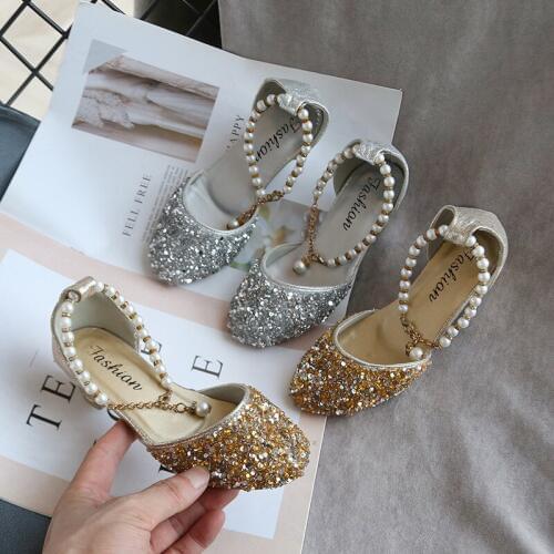 Girls Shoes Kids Sandals 2020 New Spring and Autumn Childrens Princess Shoes Sequins Leather Girls Shoes High-heels Gold Silver