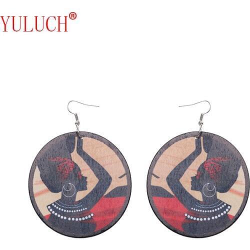 YULUCH Elegant Beautiful Color Print African Woman Wooden Big Round Pendant Vintage National Exquisite Earrings Party Gift