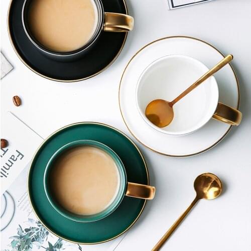 Green Ceramics Coffee latte mug Drinkware Soy Milk Breakfast cup fine bone china cute tumbler tea cups and saucer Spoon set