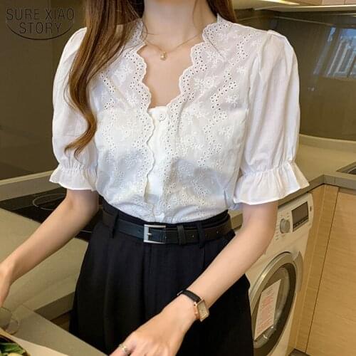 Versatile V-neck Fashion Women Lace Shirt Summer Hollow White Blouse Splicing Short Sleeve Shirt for Women Flare Sleeve 13984