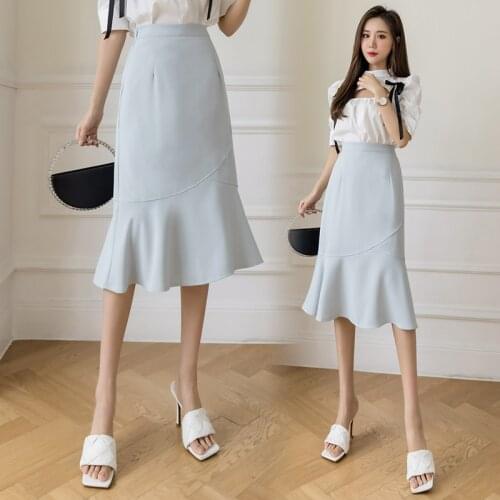 2021 Spring Summer Women Fashion Office Lady Ruffles Skirt Solid Color Stretch High Waist Fishtail Flouncing Knee Length Skirts