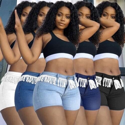 Women Tassels Denim Shorts 2021 Summer High Waist Lady Zipper Buttons Washed Skinny Casual Nightclub Party Casual Wear Jeans