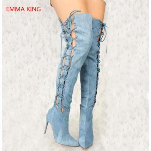 Women Cross-Tied Over The Knee Boots Pointed Toe Hollow Ladies High Heels Shoes Autumn Winter Blue Party Wedding Long Boots