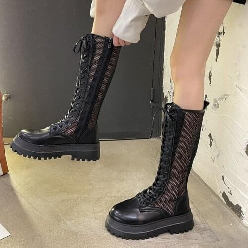 Rimocy Chunky Platform Mesh Knee High Boots Women Punk Thick Bottom Lace Up Long Boots Woman New Zipper Breathable Summer Shoes