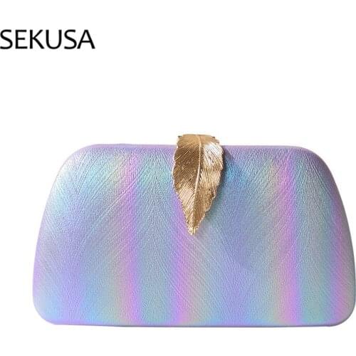 Rainbow Color Women Evening Bags Leaf Metal Golden Small Day Clutch PU Fashion Lady Handbags Purse Bags