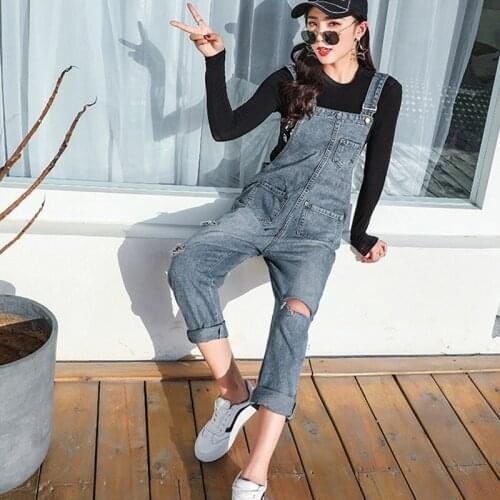 Hot New Trends 2019 Jean Jumpsuit For Ladies Hole Pocket Harem Jeans Hippie Jumpsuit Denim Overalls Women Dungarees OS108