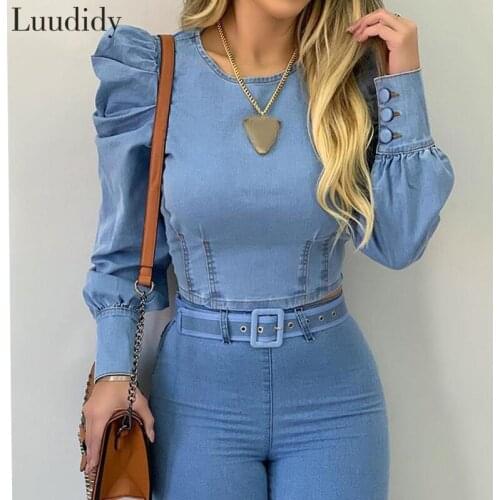 Women Round Neck Puff Sleeve Top Long Sleeve Blue Denim Top Shirt