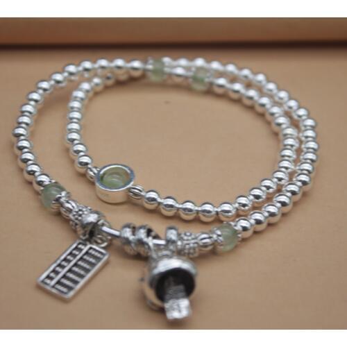 Sterling S925 Silver Bracelet Womens Silver Smooth Round 5mm Luck Prehnite Bead Link Tassel 32cmL/12.5inchL Chain Bracelet