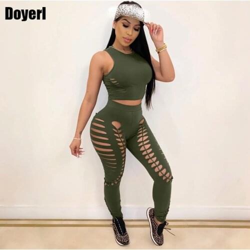 2020 Tracksuit Women Set Casual Two Piece Set Crop Top and Pants Set Hollow Out Sport Suit Summer 2 Piece Set Women Club Outfits