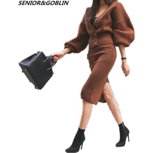 2019 High Quality Brand Designer Knitted 2 Piece Sets Women Double-Breasted Sexy V-Neck Coat Tops+Winter Two Skirt Sets Clothes