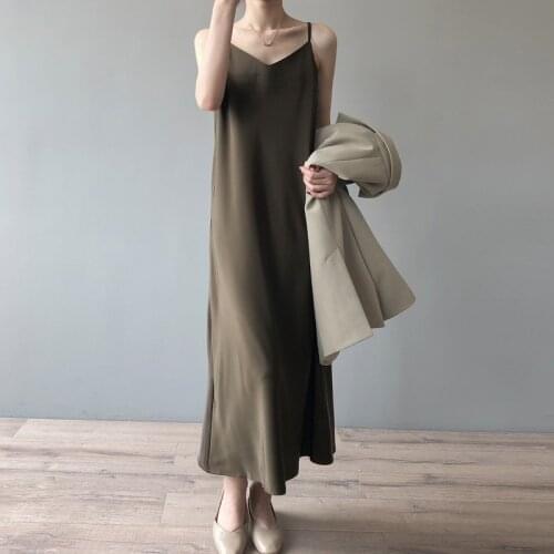 2021 Summer Satin Slip Dress Women Elegant Backless A-line Party Ladies Solid Dress Lace V-Neck Midi Dresses Sexy Vestidos 13586