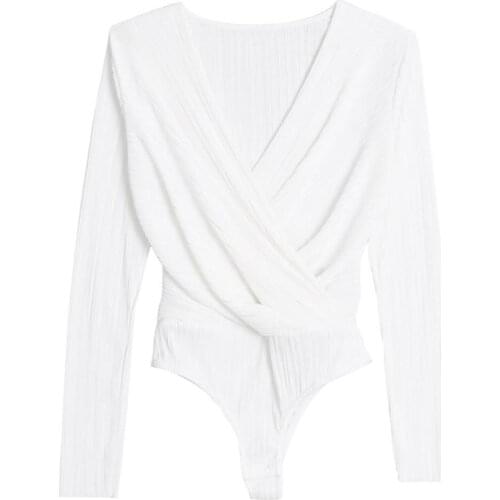 Women Bodysuit Thong Surplice Ruche Sexy Solid Color Long Sleeve V Neck Slim One Piece Jumpsuit Bodysuit Romper Summer Body Suit