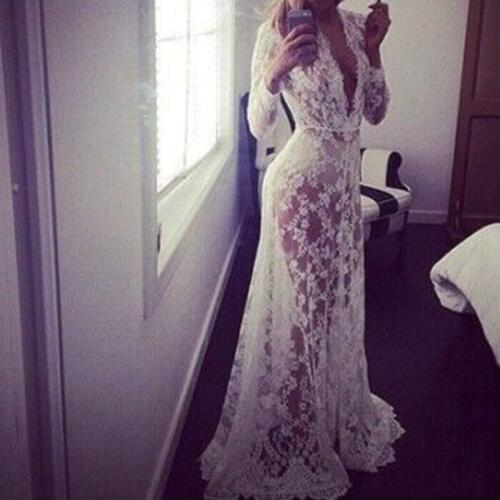 4XL New Women Sexy Lace Embroidery Maxi White Floor-length dress Deep V Long Sleeves feminino vestidos Long smock crochet Dress