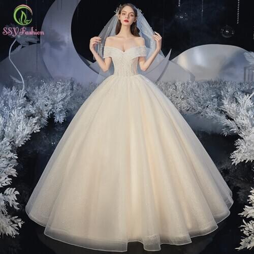 SSYFashion New Bride Mairred Elegant Wedding Dress Boat Neck A-line Floor Length Shining Simple Wedding Gowns Vestidos De Novia