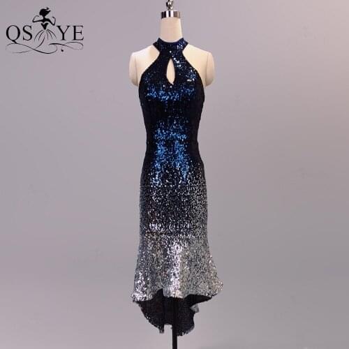 Halter Short Navy Prom Dress Sequined Fade Mermaid Evening Dress Keyhole Vestido Straps Asysmetrical Women Gown Formal Party