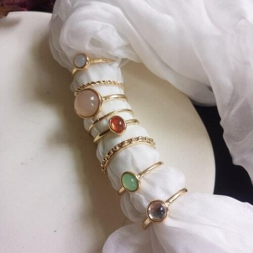 2021 Vintage Summer 8Pcs/Set Fairy Friends Colorful Stone Metalic Fashion Finger Rings Korea Hit Rings for Women Girl Party