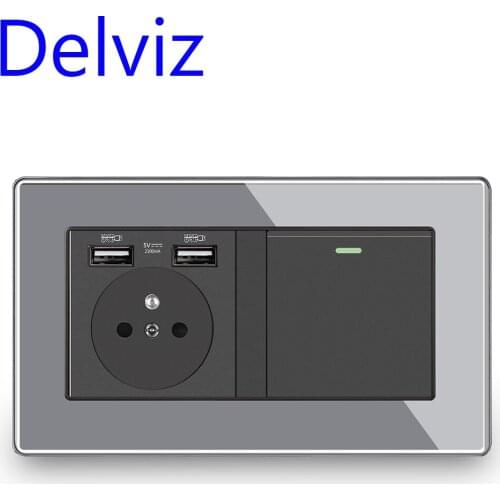 Delviz Switch control Power Outlet, With 2A USB Ports, Double frame Acrylic Panel, AC 110~250V, French standard Wall USB Socket
