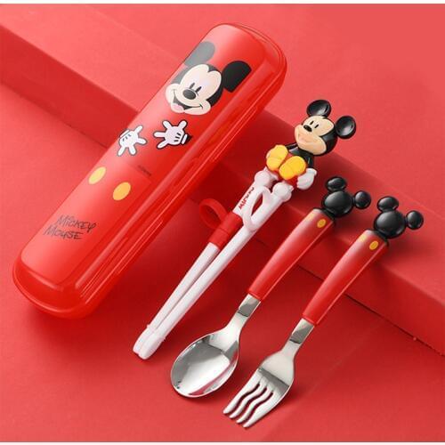 Disney 3D Mickey Tableware, Flatware Set for Right-handed Children, Stainless Steel Fork Spoon Training Chopsticks Portable Case