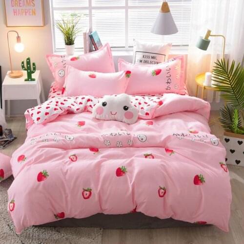 Pink Strawberry Cute Bedding Set King Queen Size Bed Sheets Children Soft Comforter Cover Polyester Students Dormitory Sets