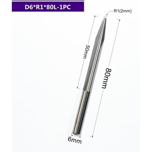 6mm*R1.0*80L-1pc Taper Ball nose End Mill,CNC solid cabide milling Cutter,2 flutes spherical cone woodworking router bit