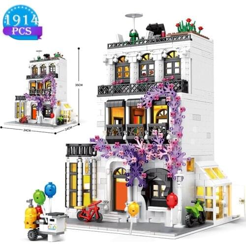 Creative Street View Architecture European Flower Shop Building Block Assembly Model Bricks Childrens Educational Toys Diy Gift