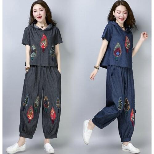 Summer Vintage womens sets embroidery two piece set top and pants plus size denim Pant suits women Casual Sets two piece set