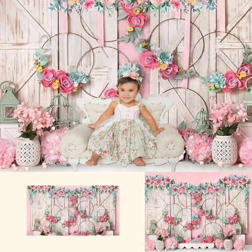 Sweet Girl-Newborn Portrait Backdrop Girls Artistic Photo Background Baby Cake Smash Floral Wood Door Photography Backdrop