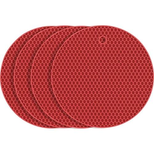 4 Pcs Kitchen Pot Mat Set Round Heat Resistant Silicone Cup Coasters Non-slip Holder Table Placemat Kitchen Accessories Red