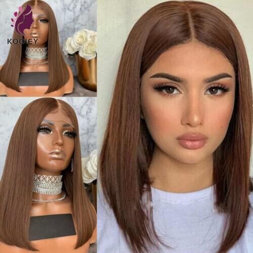 Lace Front Wigs Brown Color Straight BOB Wig Brazilian Remy Hair 180% Density T-Part Lace Human Hair Wig Blunt Cut Short BOB Wig