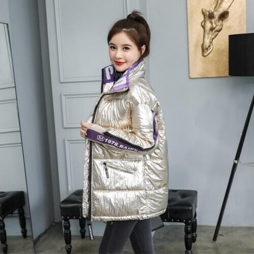 Womens Winter Parkas Plus Size Letter Print Puffer Jacket Women Stand Collar Striped Loose Cotton Padded Thicken Coat Ladies