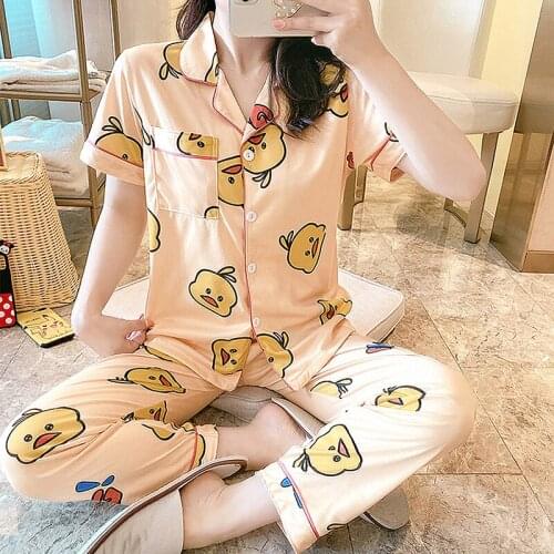 Pyjamas Women Short Sleeve Long Pant Summer Sleepwear Pajamas Set Cute Cartoon Cotton Pijamas Suit New Home Clothes