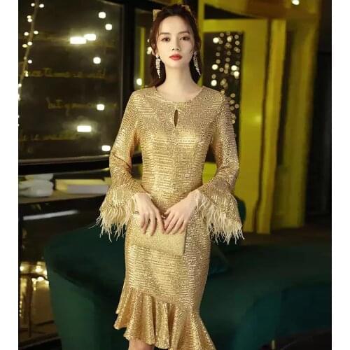 Prom Dress O-Neck Sequins Feathers Full Sleeves Ruched Knee-Length Elegant Mermaid New Plus size Women Formal Party Gown C819