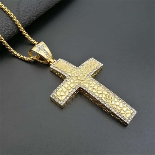 Hip Hop Heavy Large Big Cross Pendant Necklace Christmas Gift Gold Color Stainless Steel Iced Out CZ Bling Christian Jewelry