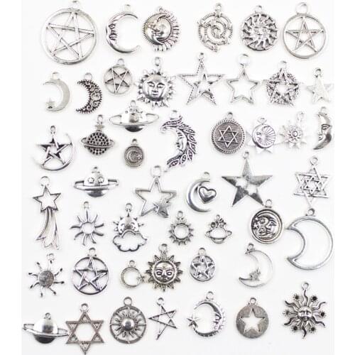 30pcs Charms Star Moon Sun Cloud Planet Mars Antique Silver Color Mixed Pendants DIY Making Findings Tibetan Handmade Jewelry