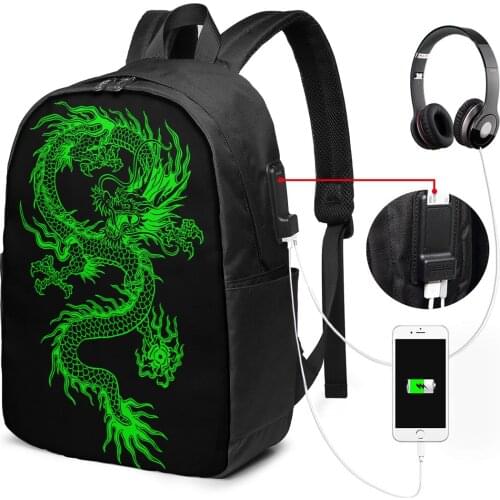 Green Fly Dragon 17in Large Backpacks with USB Ports Men Casual Daypack Boys School Backpack for Middle Colleage School