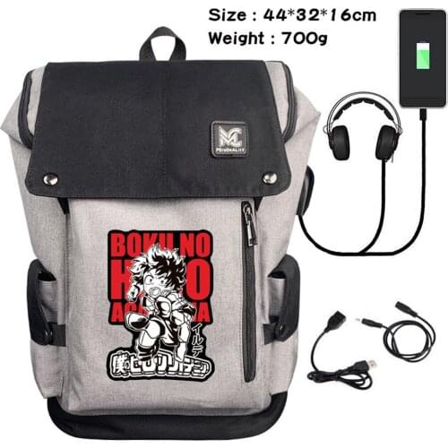 Teenager Laptop Bag Anime My Hero Academia Casual USB Charging Cartoon Backpack Headphone Travel Canvas Zip Student Schoolbag