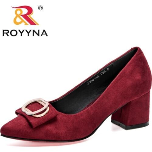 ROYYNA 2020 New Designers Flock Fashion Pumps Women Metal Slip on High Heel Shoes Ladies Pointed Toe Office Zapatos Feminimo