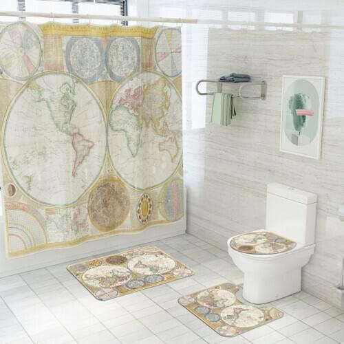 Retro Nautical Map Waterproof Shower Curtain Non Slip Bath Mat Set Absorbent Bathroom Toilet Carpet Shower Mat Toilet Lid Cover
